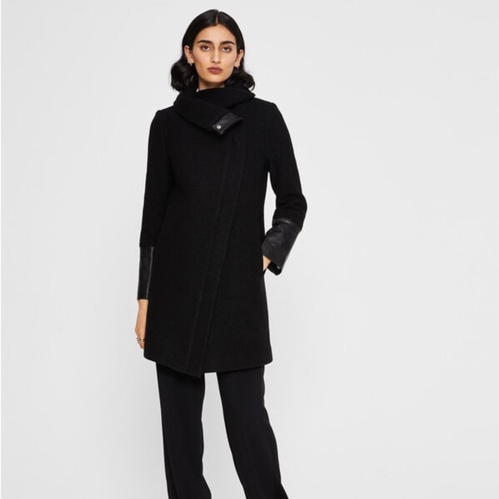 Club Monaco Black Wool-Blend Coat with Leather Details - Size XS